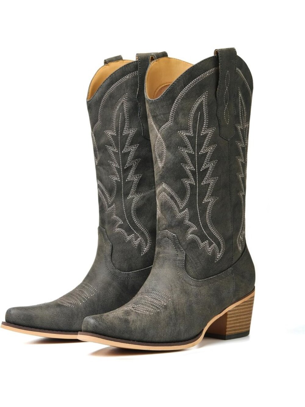 〽️Women's Mid-Calf Cowgirl Boots Grey Leather Block Heel Embroidered Square Toe